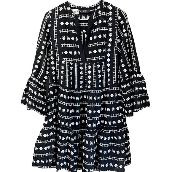 Reset by Jane Dresses & Skirts - Reset by Jane Womens Black Floral Midi Dress Bohemian Ruffle Tunic Small V Neck